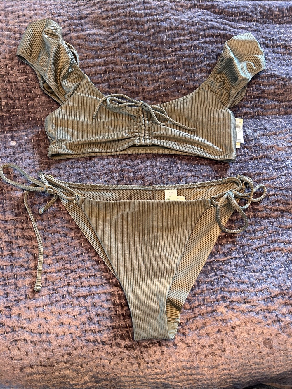 aerie Olive Ribbed Tie-Front Bikini Top with Side-Tie Bottoms